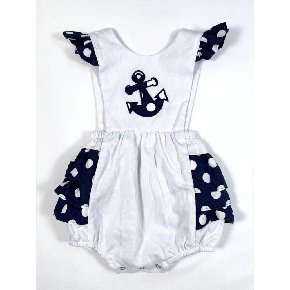 BE MINE Nautical Anchor Bubble Romper 9M Navy Polka Dot Sailor Outfit Coastal